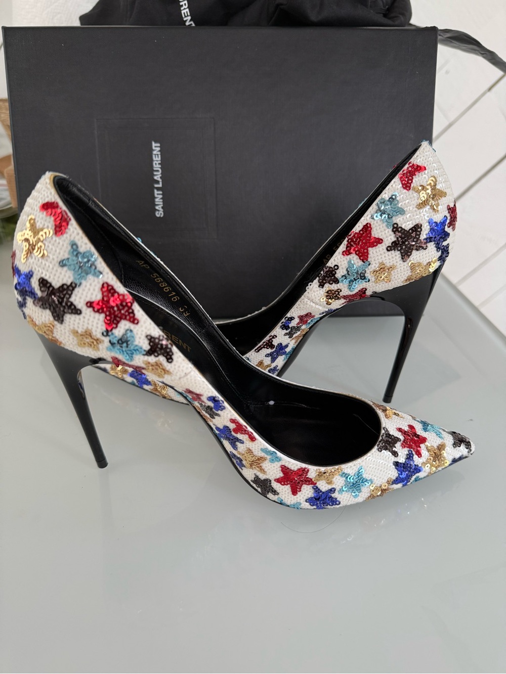 Saint Laurent White Sequin Star Pointed Toe Pumps